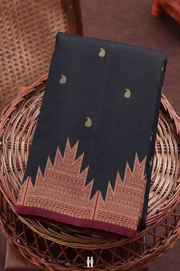 Kanchipuram Silk Saree In Black With Paisley Buttas