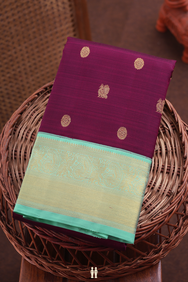 Kanchipuram Silk Saree Burgundy With Peacock Chakram Buttas