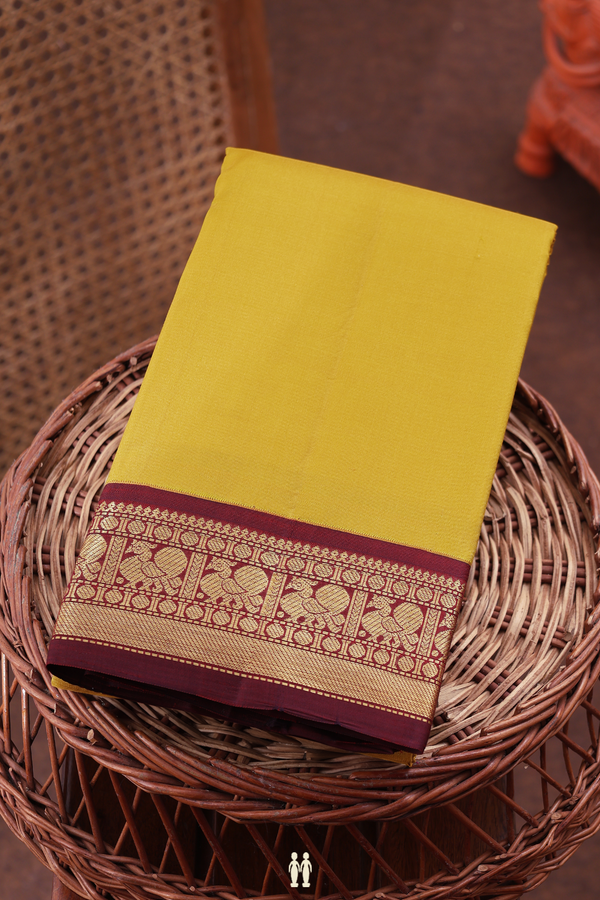 Kanchipuram Silk Saree In Mustard Yellow With Contrast Border