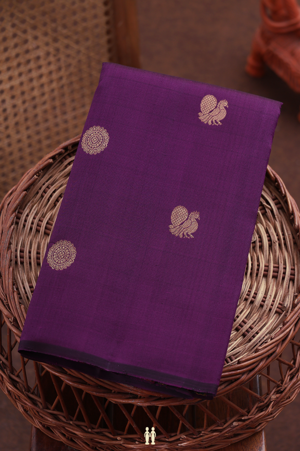 Kanchipuram Silk Saree In Purple With Peacock Chakram Buttas