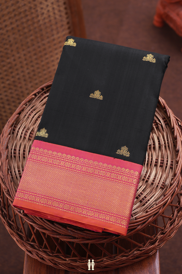 Kanchipuram Silk Saree In Black With Peacock Buttas