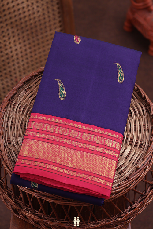 Kanchipuram Silk Saree In Navy Blue With Paisley Buttas
