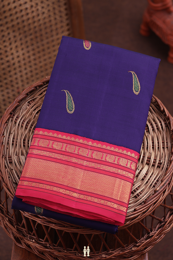 Kanchipuram Silk Saree In Navy Blue With Paisley Buttas