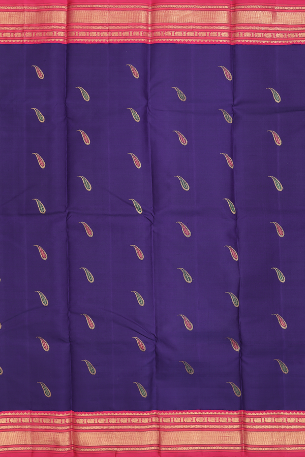 Kanchipuram Silk Saree In Navy Blue With Paisley Buttas