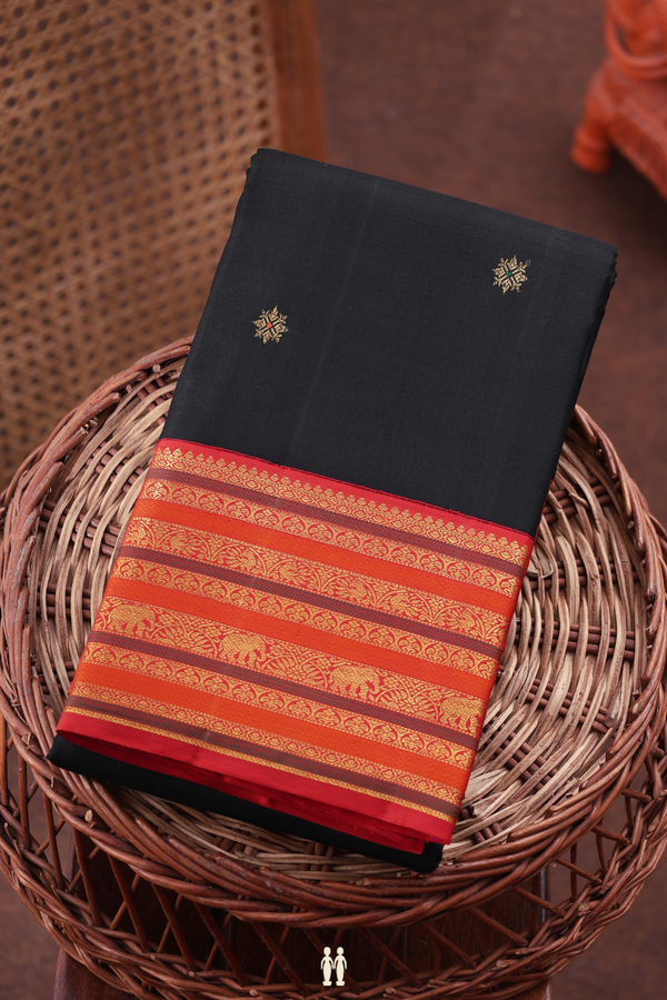 Kanchipuram Silk Saree In Black With Zari Buttas