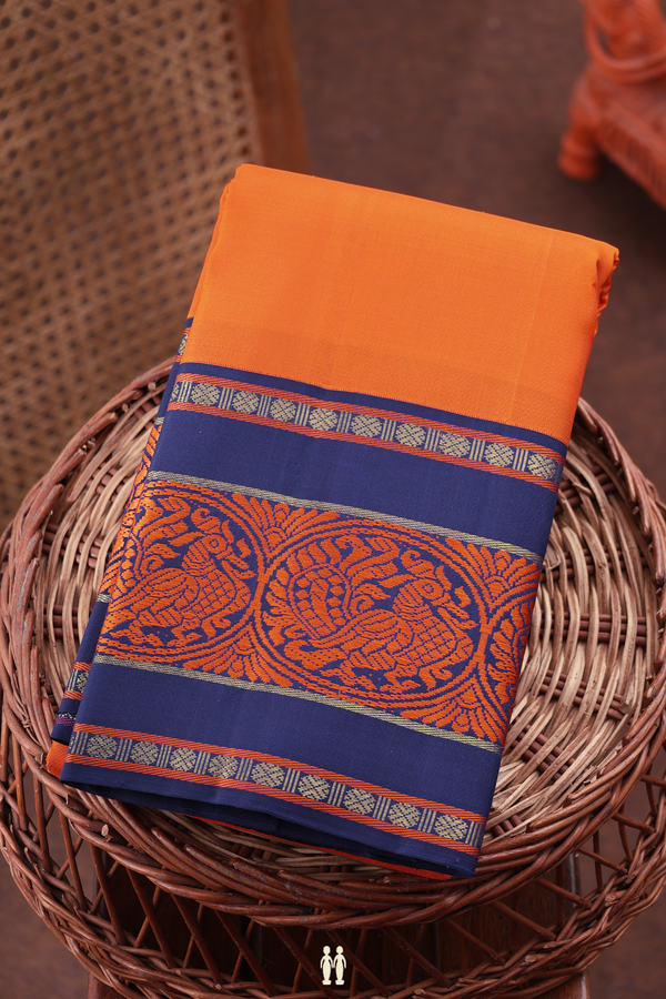 Kanchipuram Silk Saree In Bright Orange With Contrast Border
