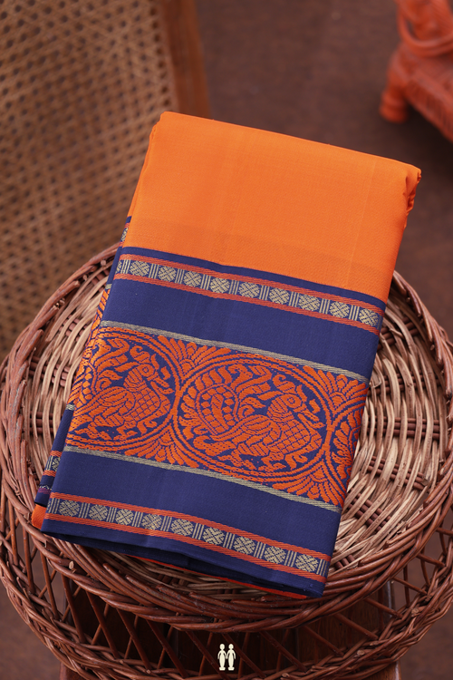 Kanchipuram Silk Saree In Bright Orange With Contrast Border