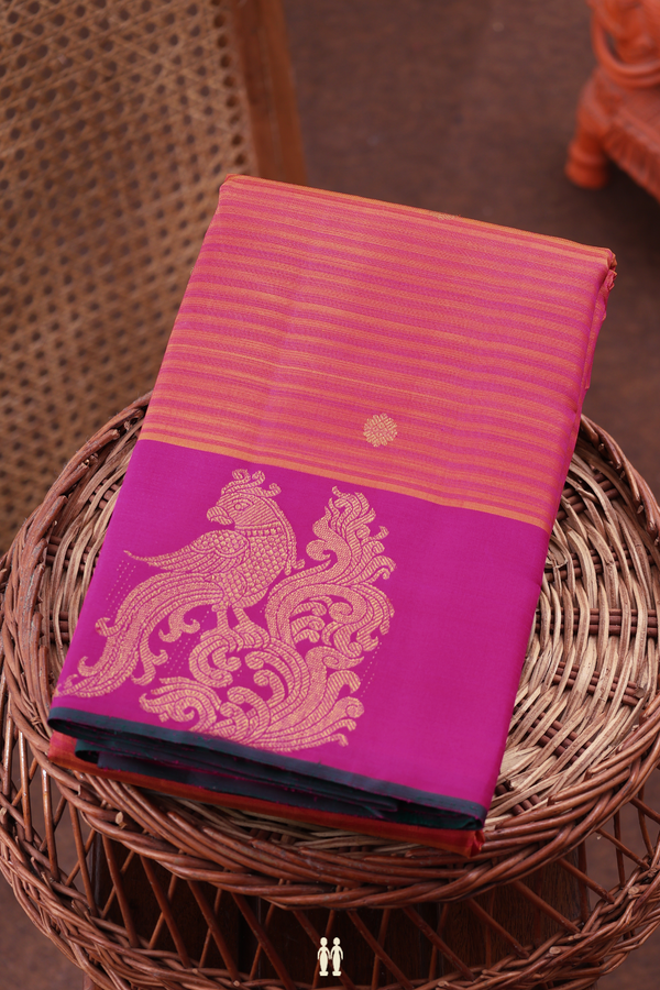Kanchipuram Silk Saree In Coral Pink With Stripes Design