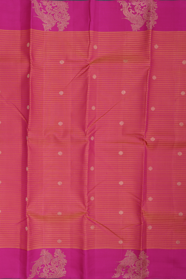Kanchipuram Silk Saree In Coral Pink With Stripes Design