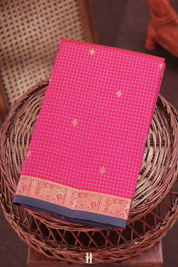Kanchipuram Silk Saree In Rani Pink With Checks Design