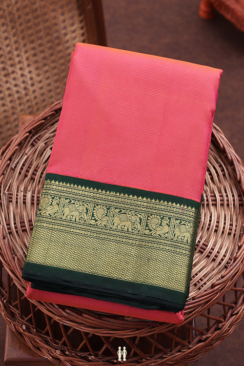 Kanchipuram Silk Saree In Coral Pink With Stripes Design
