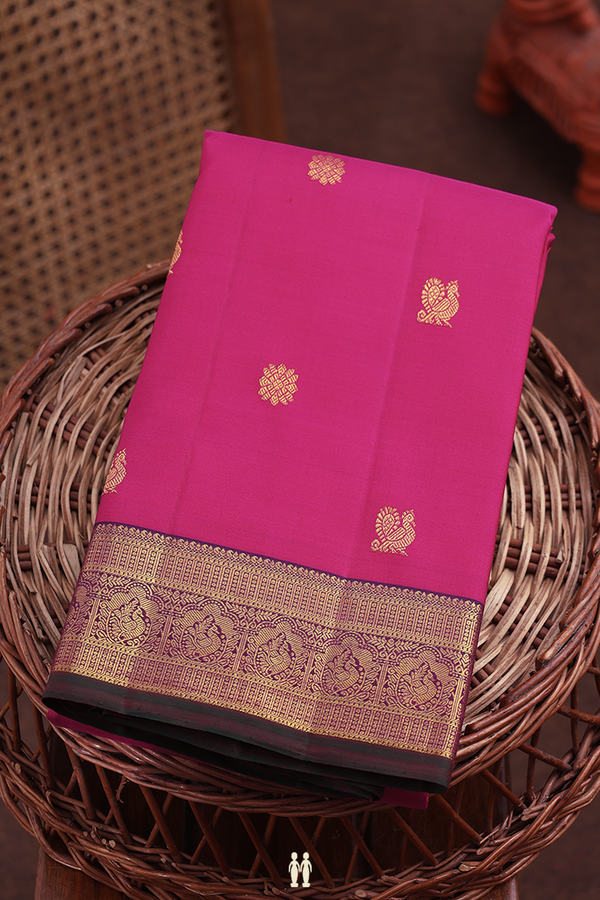 Kanchipuram Silk Saree In Dark Pink With Peacock Buttas