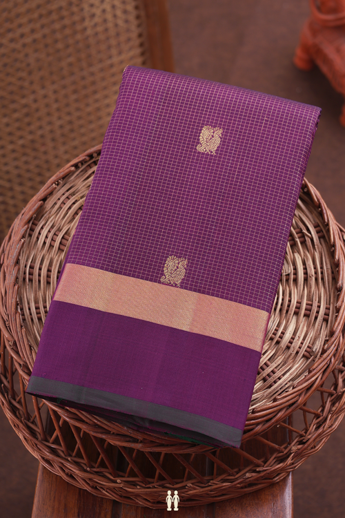 Kanchipuram Silk Saree In Purple Along Checks With Buttas