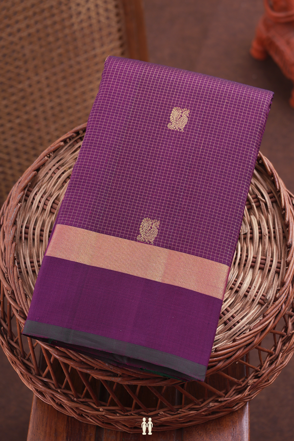 Kanchipuram Silk Saree In Purple Along Checks With Buttas