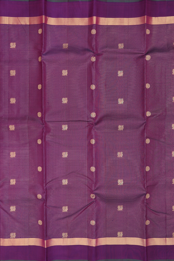 Kanchipuram Silk Saree In Purple Along Checks With Buttas