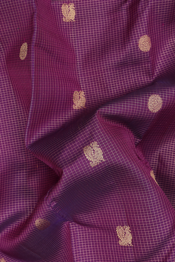 Kanchipuram Silk Saree In Purple Along Checks With Buttas