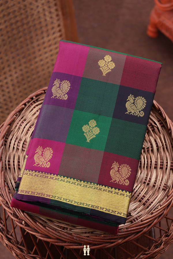 Kanchipuram Silk Saree In Multicolor Along Checks With Buttas
