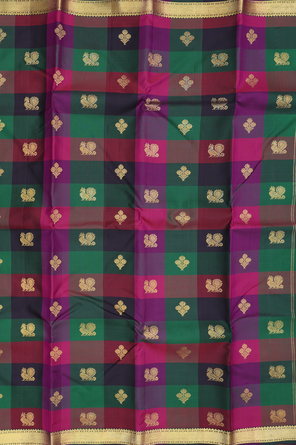 Kanchipuram Silk Saree In Multicolor Along Checks With Buttas