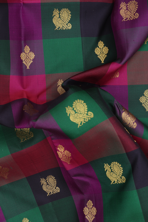 Kanchipuram Silk Saree In Multicolor Along Checks With Buttas