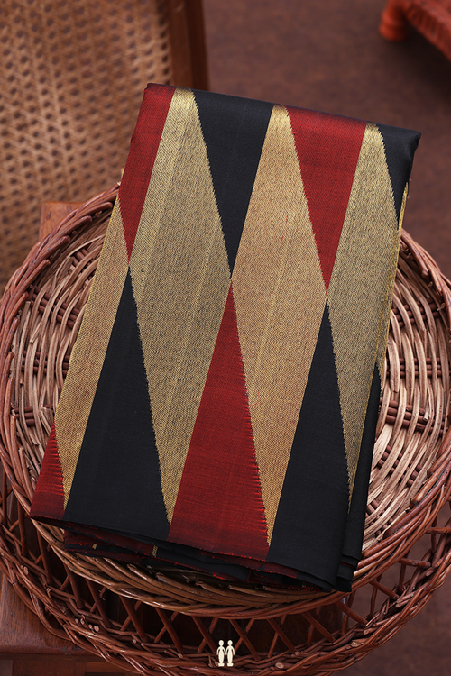 Kanchipuram Silk Saree In Black With Geometric Design