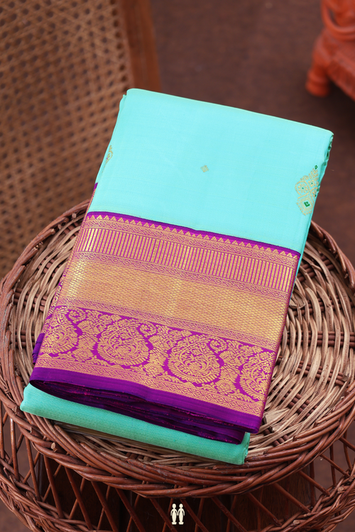 Kanchipuram Silk Saree In Tiffany Blue With Zari Buttas