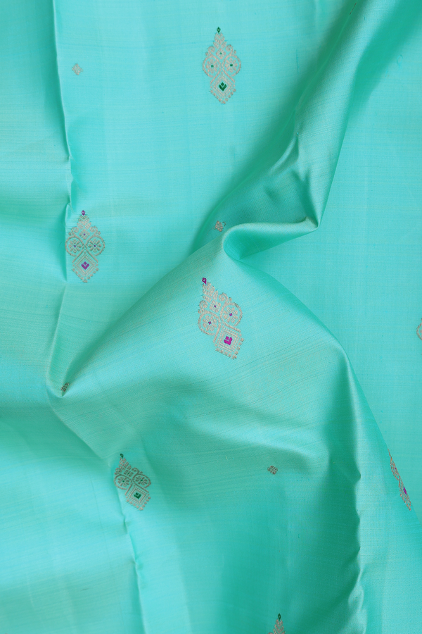 Kanchipuram Silk Saree In Tiffany Blue With Zari Buttas