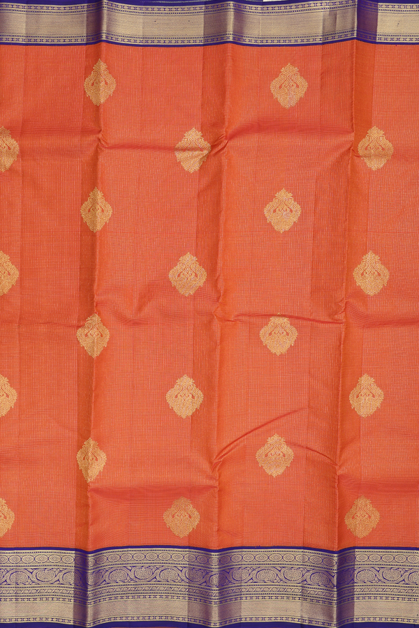 Kanchipuram Silk Saree In Orange Along Checks With Motifs