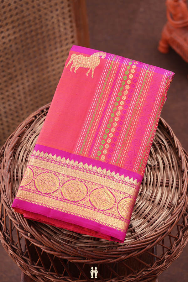 Kanchipuram Silk Saree In Pink And Orange With Stripes Design