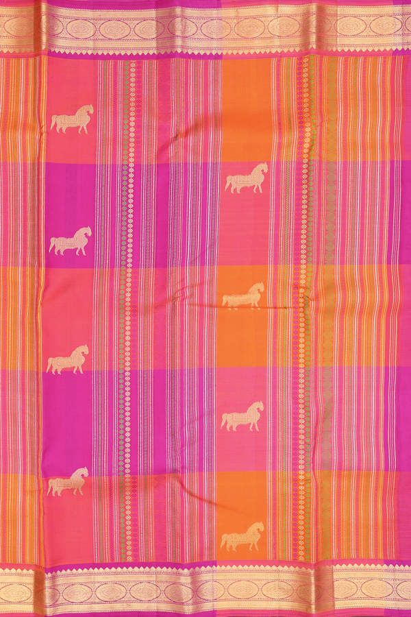 Kanchipuram Silk Saree In Pink And Orange With Stripes Design