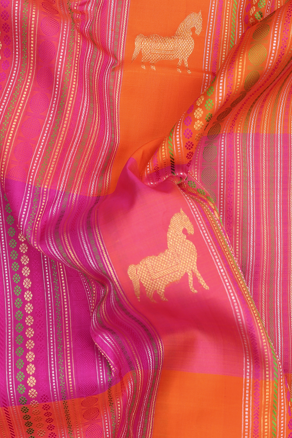 Kanchipuram Silk Saree In Pink And Orange With Stripes Design
