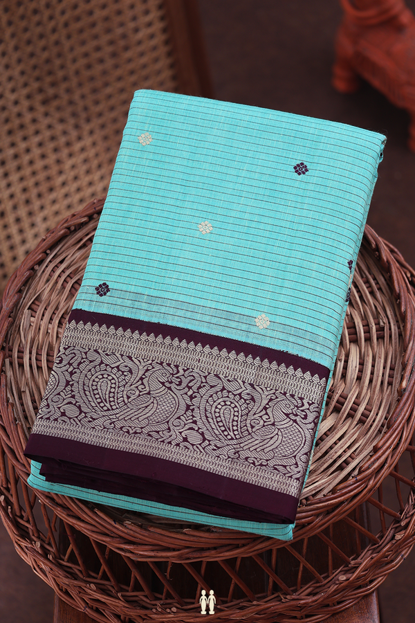 Linen Kanchipuram Silk Saree Green Along Stripes With Buttas