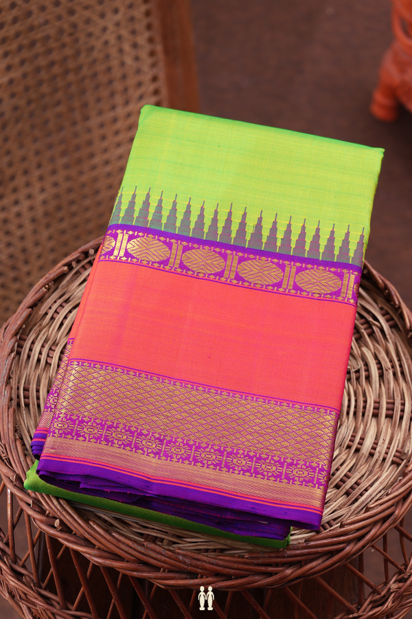 Kanchipuram Silk Saree In Lime Green With Contrast Border