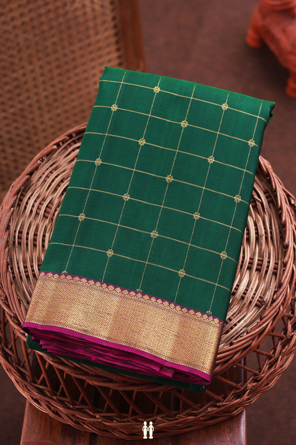 Kanchipuram Silk Saree In Forest Green With Checks Design