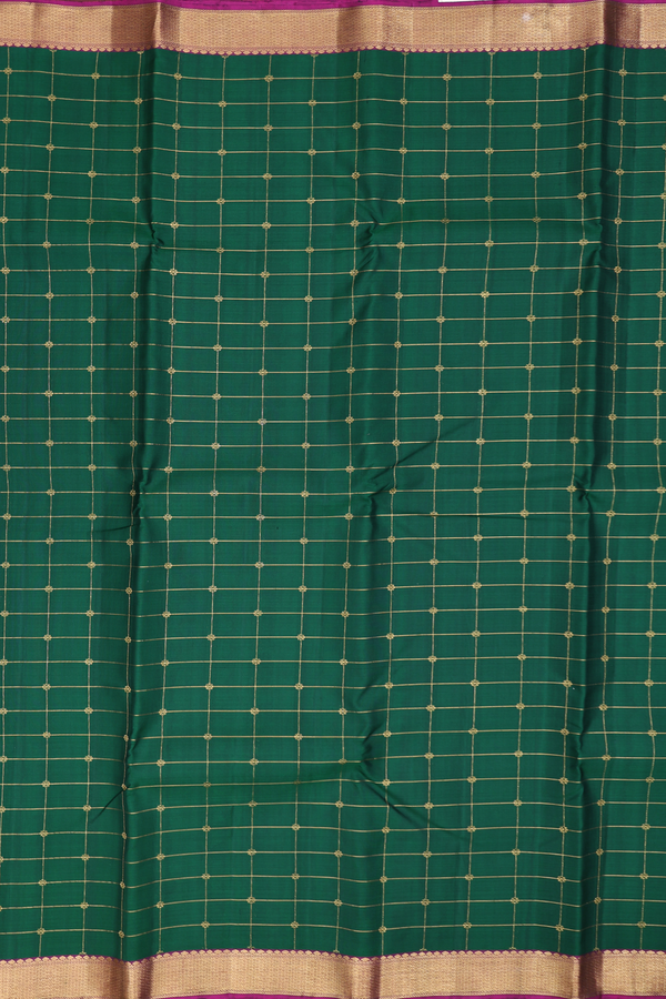 Kanchipuram Silk Saree In Forest Green With Checks Design
