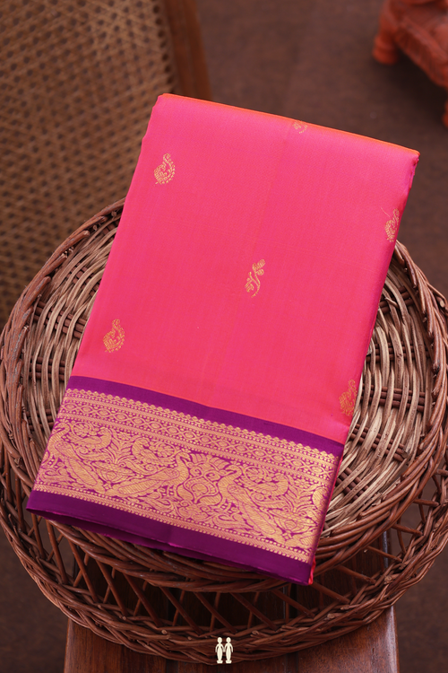 Kanchipuram Silk Saree In Coral Pink With Floral Buttas