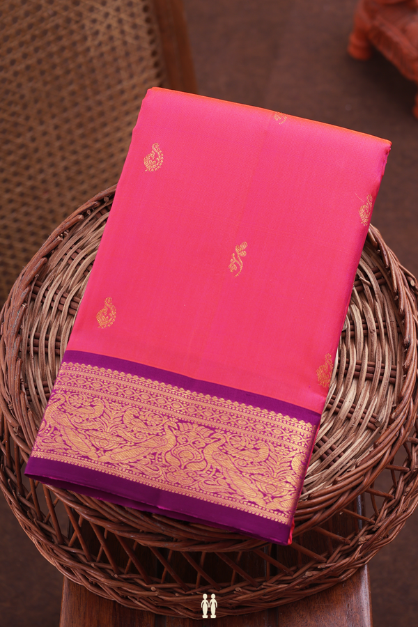 Kanchipuram Silk Saree In Coral Pink With Floral Buttas