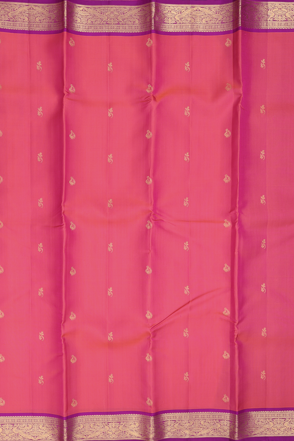 Kanchipuram Silk Saree In Coral Pink With Floral Buttas