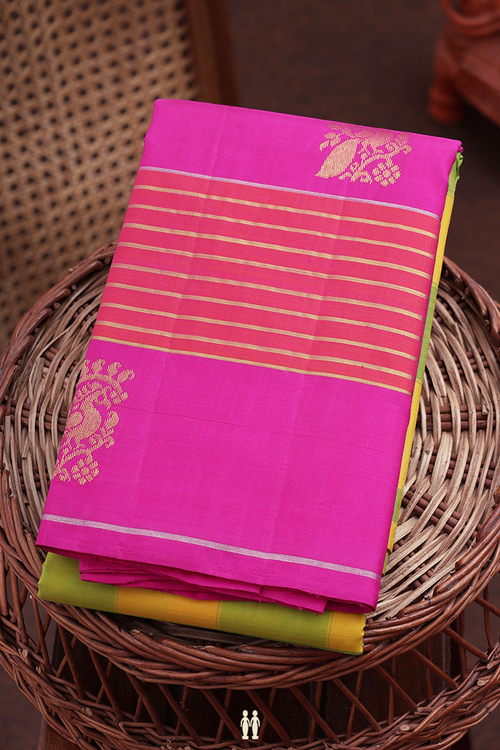Kanchipuram Silk Saree In Yellow And Green With Checks Design