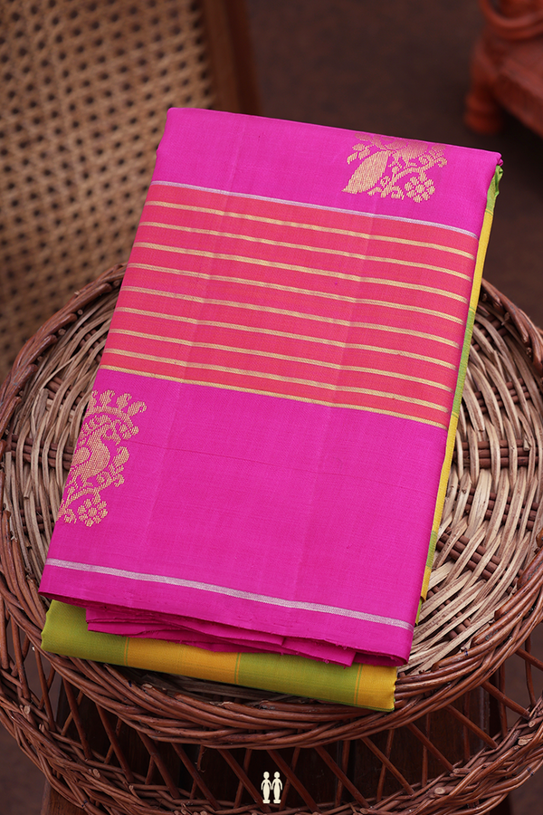 Kanchipuram Silk Saree In Yellow And Green With Checks Design