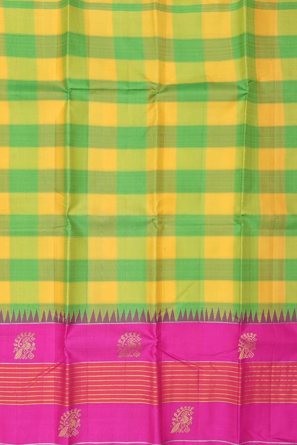 Kanchipuram Silk Saree In Yellow And Green With Checks Design