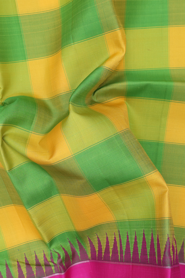 Kanchipuram Silk Saree In Yellow And Green With Checks Design