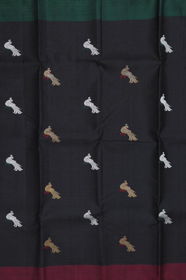 Kanchipuram Silk Saree In Black With Parrot Buttas