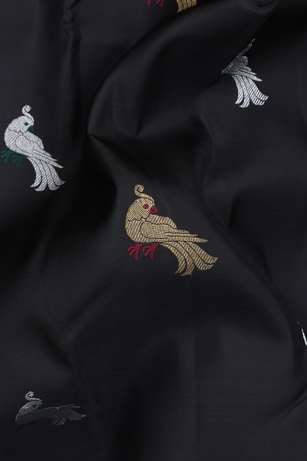 Kanchipuram Silk Saree In Black With Parrot Buttas