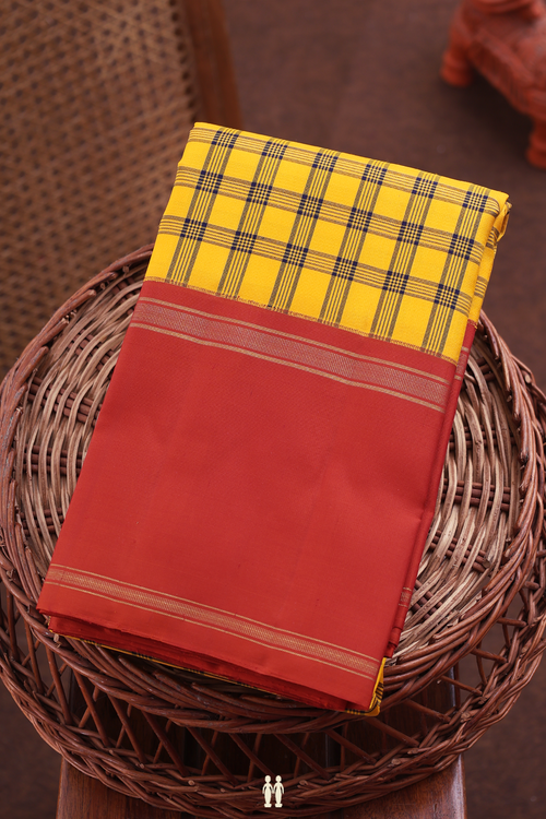 Kanchipuram Silk Saree In Honey Yellow With Checks Design