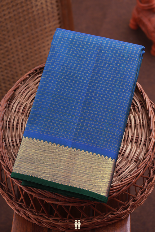 Kanchipuram Silk Saree In Cobalt Blue With Checks Design