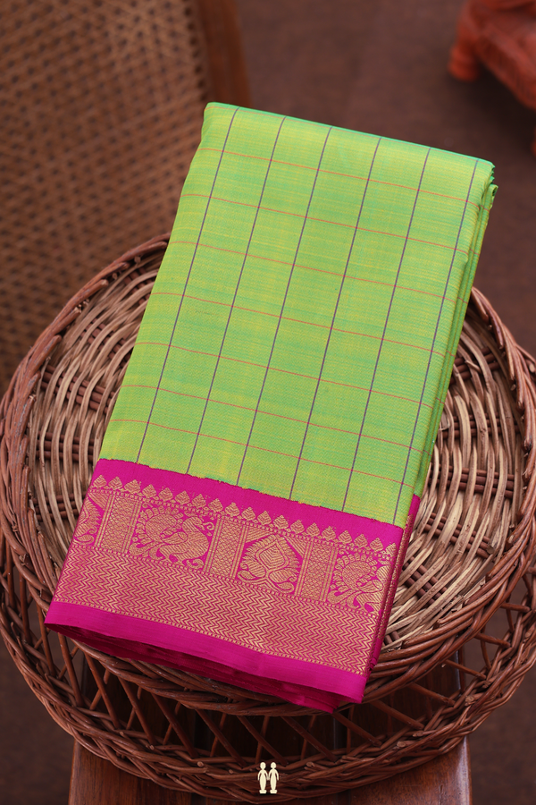 Kanchipuram Silk Saree In Parrot Green With Checks Design