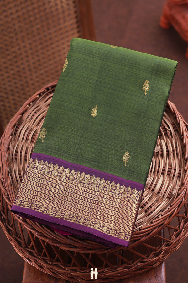 Kanchipuram Silk Saree In Olive Green With Zari Buttas