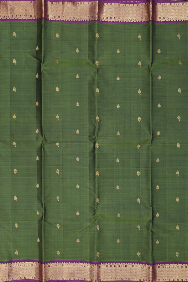 Kanchipuram Silk Saree In Olive Green With Zari Buttas