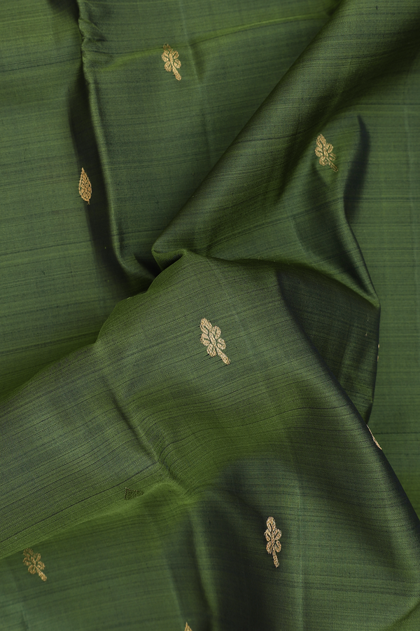 Kanchipuram Silk Saree In Olive Green With Zari Buttas