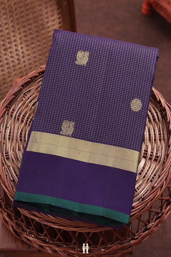 Kanchipuram Silk Saree In Navy Blue With Checks Design